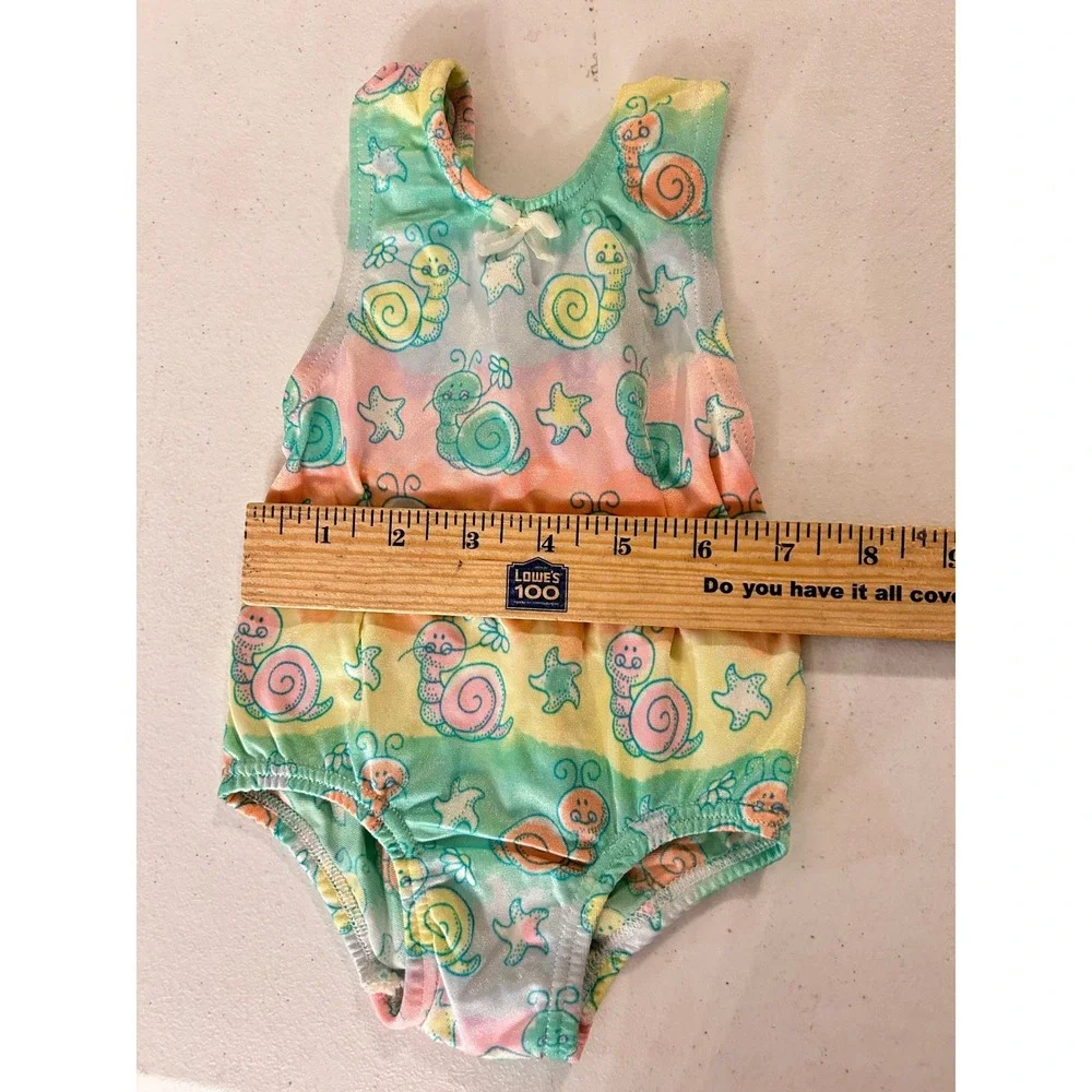 Vintage Baby Girls Rainbow Snail Starfish One Piece Swimsuit Pastel 0-2M